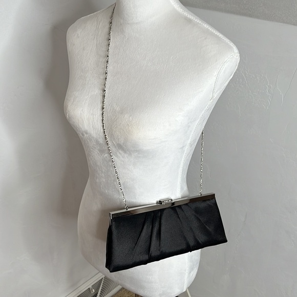 Jessica McClintock NWT Black Satin Formal Evening Bag w/ crossbody chain SM2245 - Picture 10 of 12